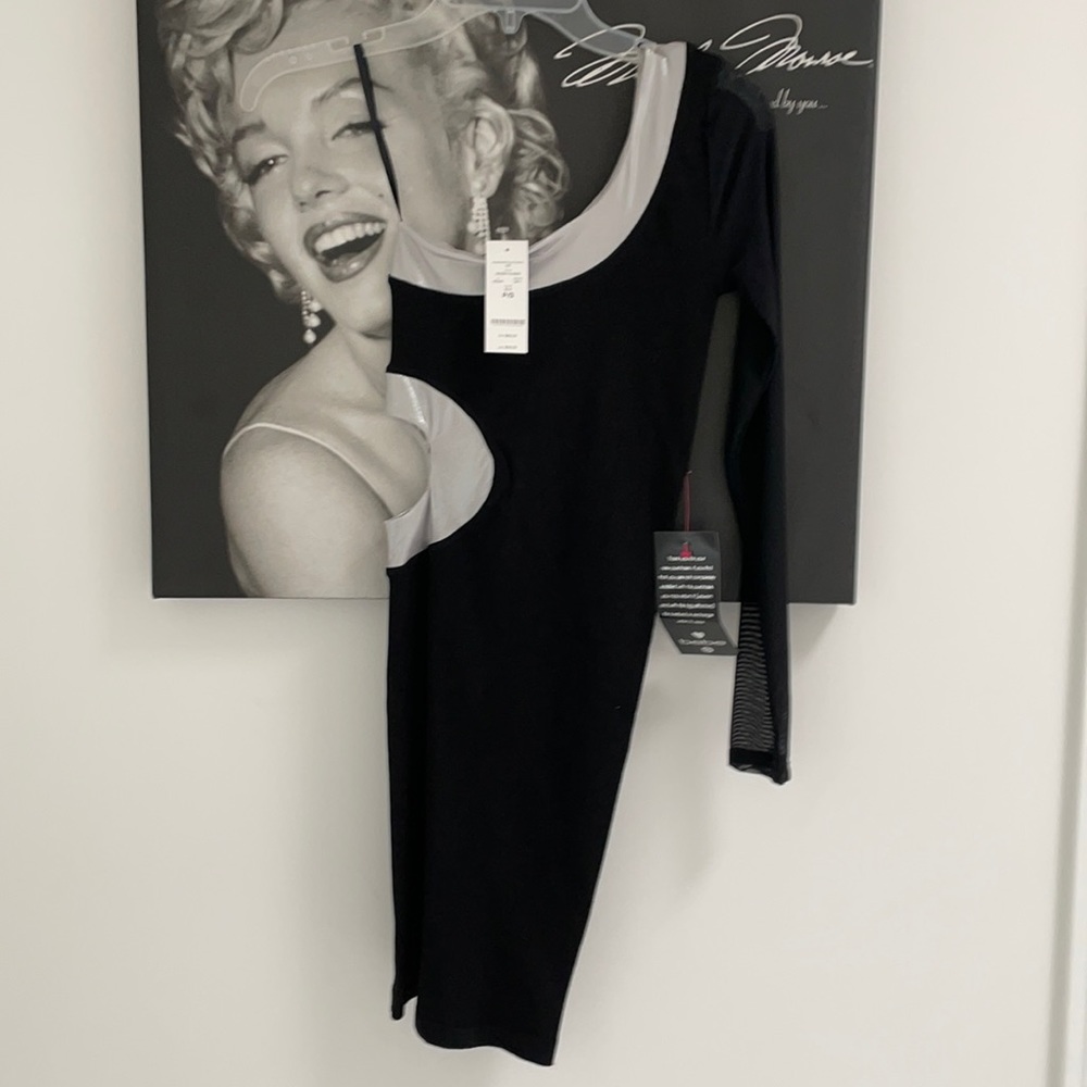 BeBe black and silver one shoulder mini dress size small NWT